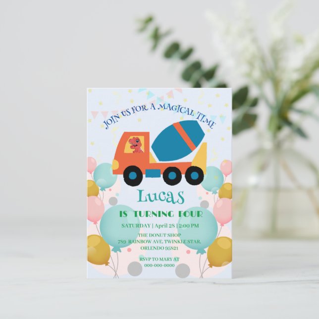 Rolig dinosaur cementbil Födelsedagsfest Namn Vykort (Stående Fram)