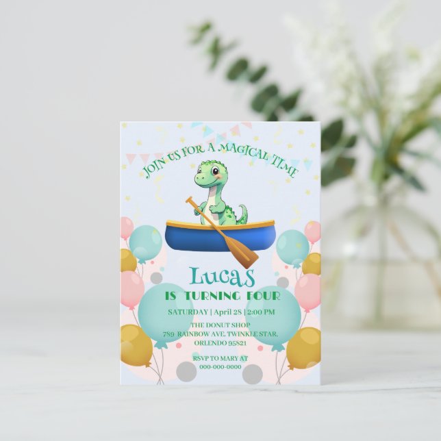 Rolig dinosaur Kanot Födelsedagsfest DIY Namn Vykort (Stående Fram)