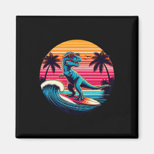 Rolig dinosaur som surfar på retro solnedgång män magnet