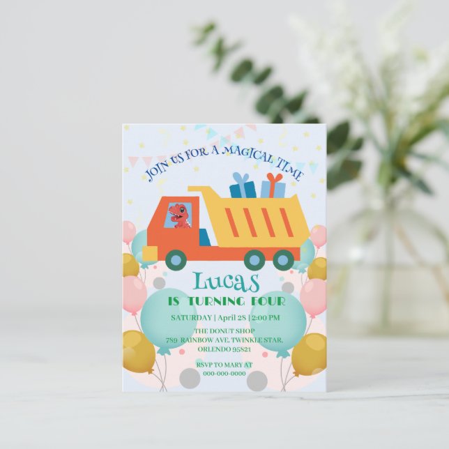 Rolig dinosaur Sopbil Födelsedagsfest Namn Vykort (Stående Fram)