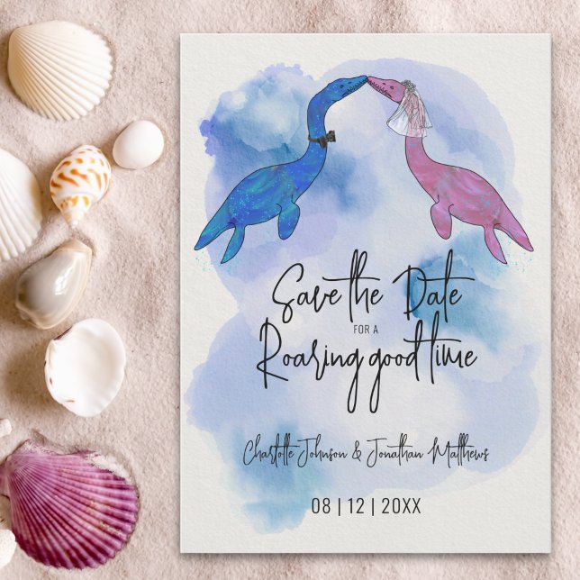 Rolig dinosaur strandbröllop Save The Date Spara Datumet (Funny save the date for a roaring good time dinosaur wedding Watercolor beach wedding)