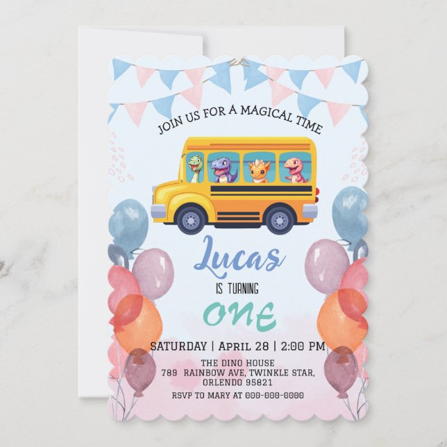 Rolig dinosaur Tillbaka till skolan Buss pojke Föd Inbjudningar (Framsida)