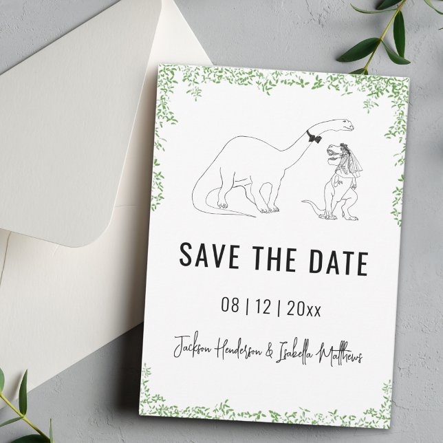 Rolig dinosaurbröllopsinbjudan grön Save The Date Spara Datumet (funny dinosaur wedding save the date T-Rex bride brontosaurus groom line art drawing )