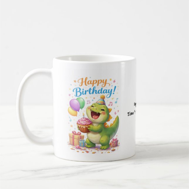 Rolig dinosaurie-födelsedagsmugg – “Dags att festa Kaffemugg (Vänster)