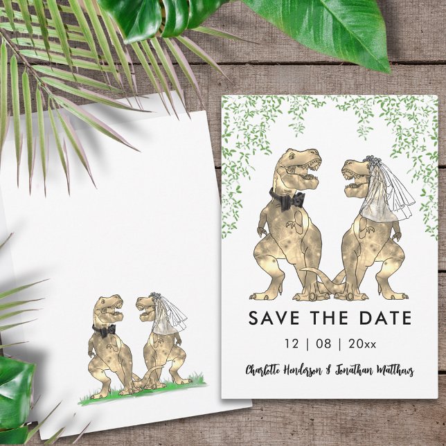 Rolig dinosaurie-högtid spara datumet (Funny dinosaur themed wedding save the date invitation with T-Rex bride and groom Jurassic foliage )