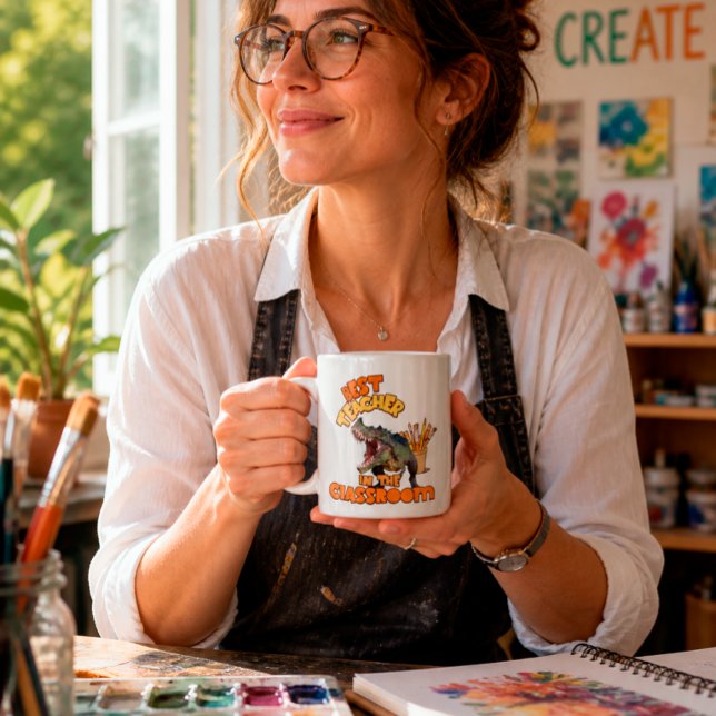 Rolig Dinosaurie Konstlärare Kreativt Klassrum Kaffemugg (Skapare uppladdad)