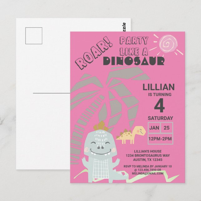 Rolig Dinosaurie Rop Barn Födelsedagsinbjudan Vykort (Fram/baksida)