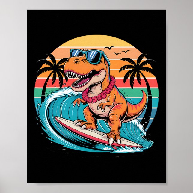 Rolig Dinosaurie Surfbräda Strand Sommar Surfande  Poster (Framsidan)