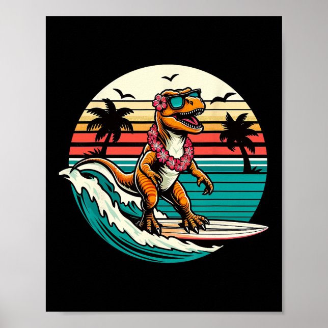 Rolig Dinosaurie Surfbräda Strand Sommar Surfande  Poster (Framsidan)