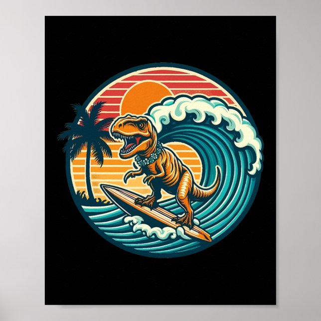 Rolig Dinosaurie Surfbräda Strand Sommar Surfande  Poster (Framsidan)