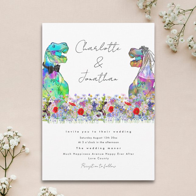 Rolig dinosaurie tema Färgglada vilda blommor Inbjudningar (Fun dinosaur theme wedding invitation with colorful watercolor wildflowers)
