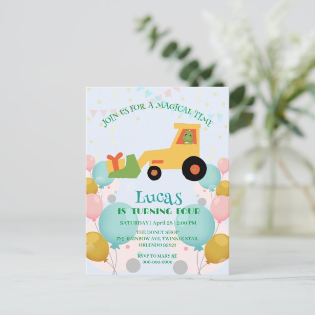 Rolig dinosaurie-traktor Födelsedagsfest Gör-det-s Vykort (Stående Fram)