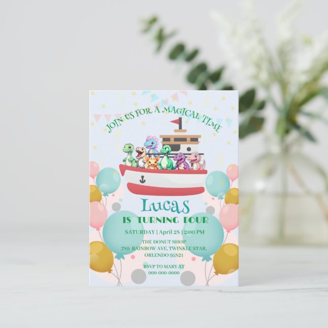 Rolig dinosaurie Yacht Födelsedagsfest DIY Namn Vykort (Stående Fram)