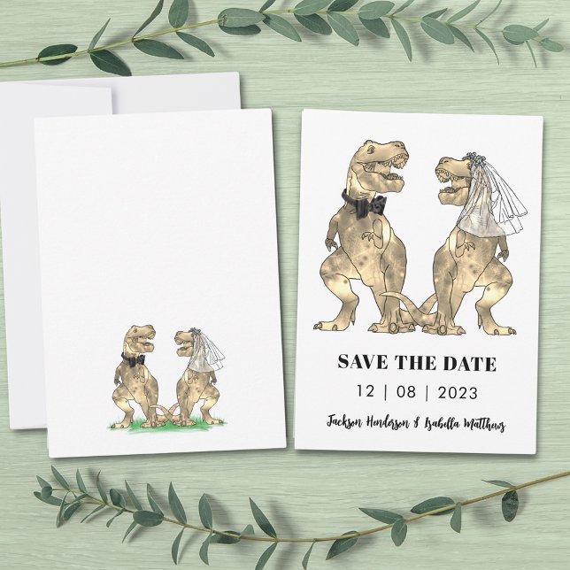 Rolig Dinosauriebröllop Spara Datumet (T-rex bride and groom funny dinosaur wedding save the date invitation )