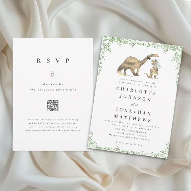 Rolig Dinosauriebröllops QR-kod Inbjudningar (Funny dinosaur bride and groom Jurassic wedding qr code invitation Watercolor foliage elegant script)