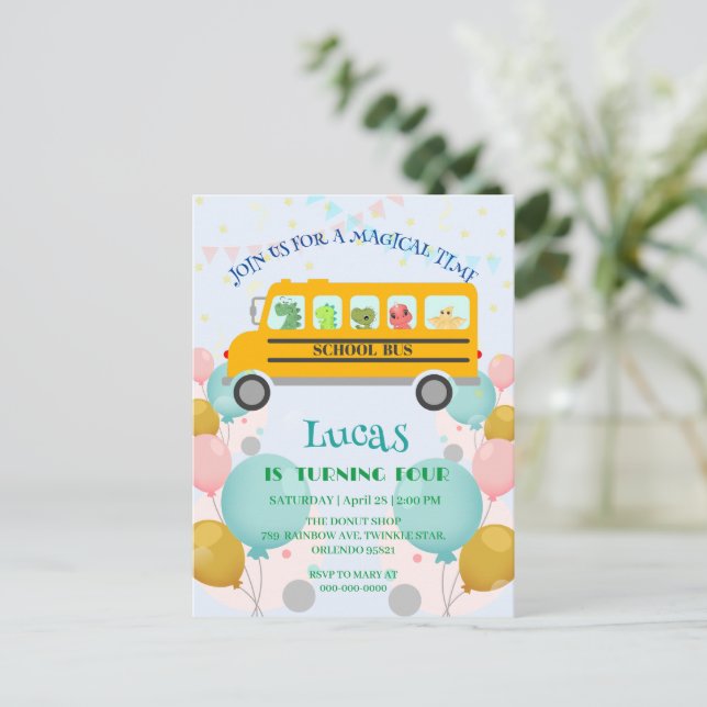 Rolig dinosaurieskol Buss Födelsedagsfest DIY Namn Vykort (Stående Fram)