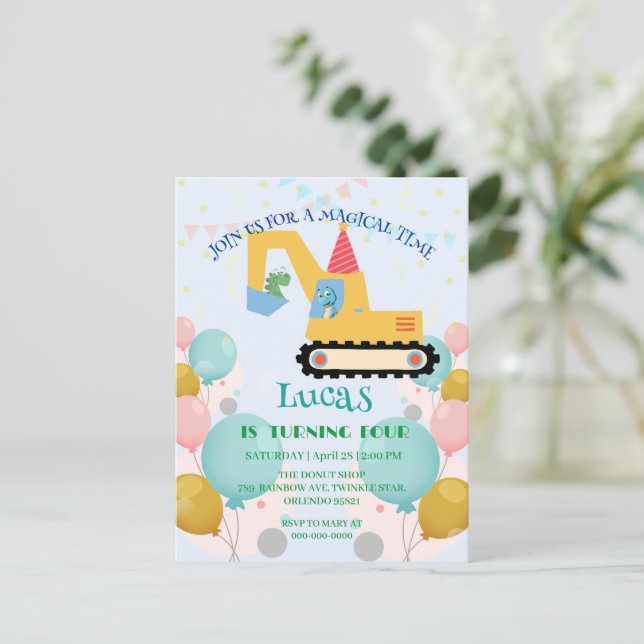 Rolig dinosaurietraktor Födelsedagsfest DIY Namn Vykort (Stående Fram)