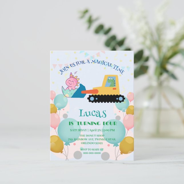 Rolig dinosaurtraktor Födelsedagsfest DIY Namn Vykort (Stående Fram)