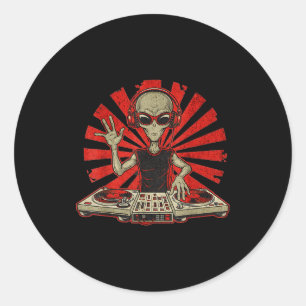 Rolig Dj-grafisk t-shirt Musikälskare Alien Dj Mus Runt Klistermärke