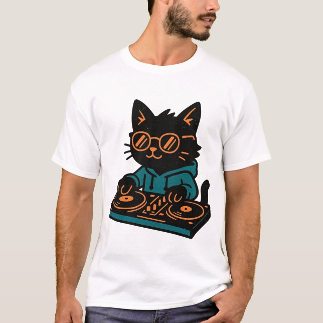 Rolig DJ Svart Katt T Shirt (Framsida)