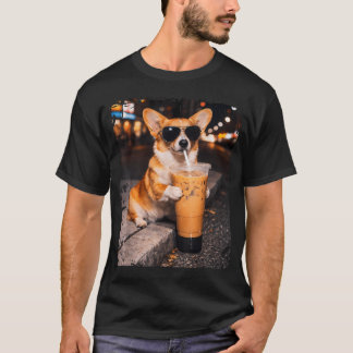 Rolig Djur Corgi Hund Dricker Iced Coffee T Shirt