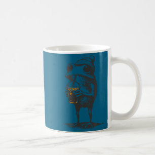 Rolig djur meme groda dricker iskaffe män kaffemugg