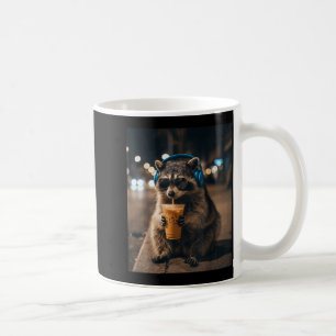 Rolig djur meme tvättbjörn dricker iskaffe män kaffemugg