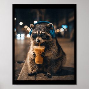 Rolig djur meme tvättbjörn dricker iskaffe män poster
