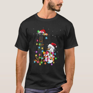 Rolig Doberman Hund Jul T-Shirt Snöman Julbelysnin