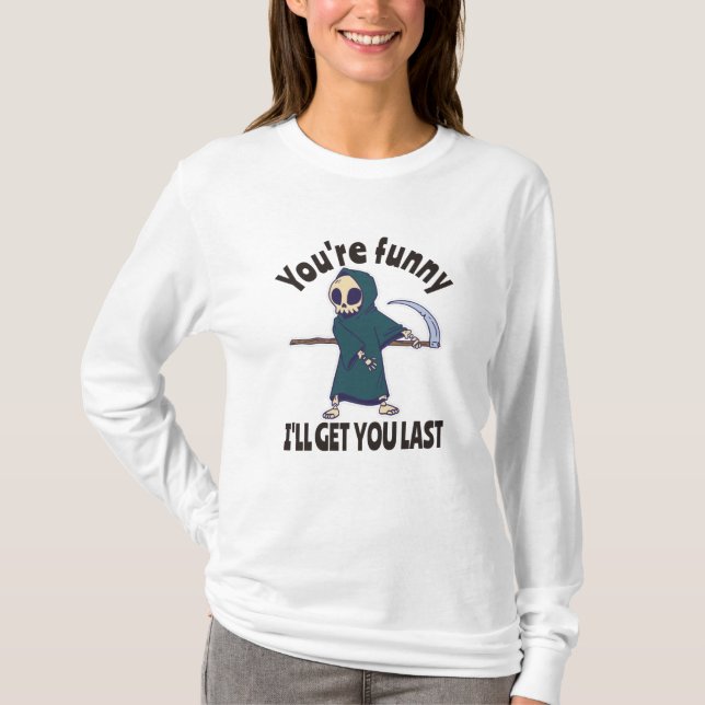 Rolig Döden Skelett Halloween Kostym T Shirt (Framsida)