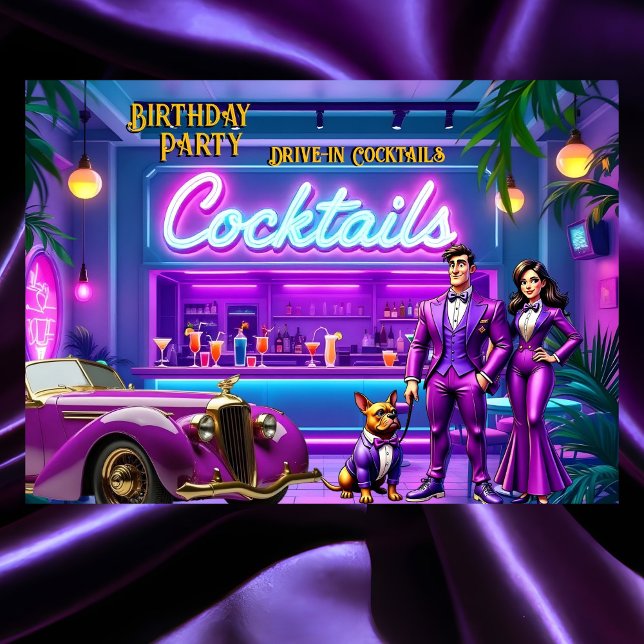 Rolig Drive-in Cocktailbar Födelsedagspar Bulldog Inbjudningar (Skapare uppladdad)
