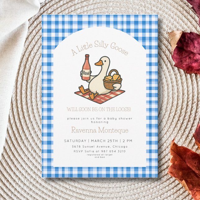 Rolig Dumma Gås Picknick Blå Rutig Bebis Shower  Inbjudningar (Skapare uppladdad)