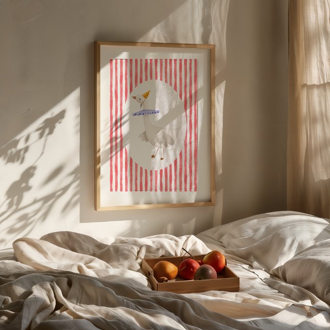 Rolig Dumma Gås Vattenfärgskriva ut Poster (Framed Funny Silly Goose watercolor nursery print on wall above bed with fruit tray.)