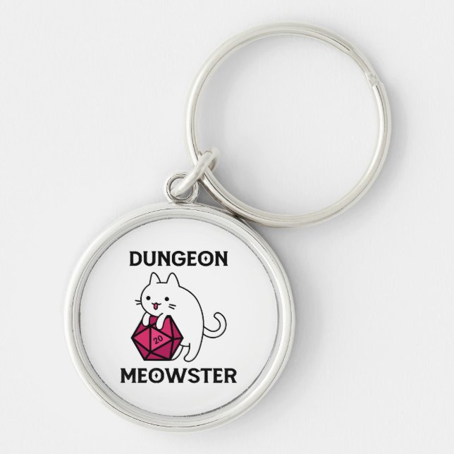 Rolig Dungeon Meowster Katt Rund Silverfärgad Nyckelring (Framsidan)