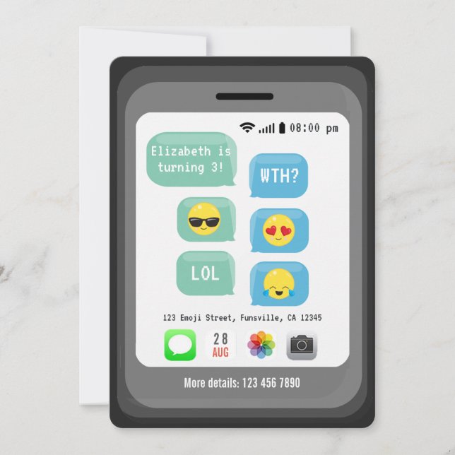 Rolig Emoji Text Meddelande Barn Födelsedagsfest Inbjudningar (Framsida)