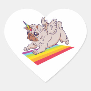 Rolig Enhörning Pug Valp Hund Hej, Kärlek Saknar D Hjärtformat Klistermärke