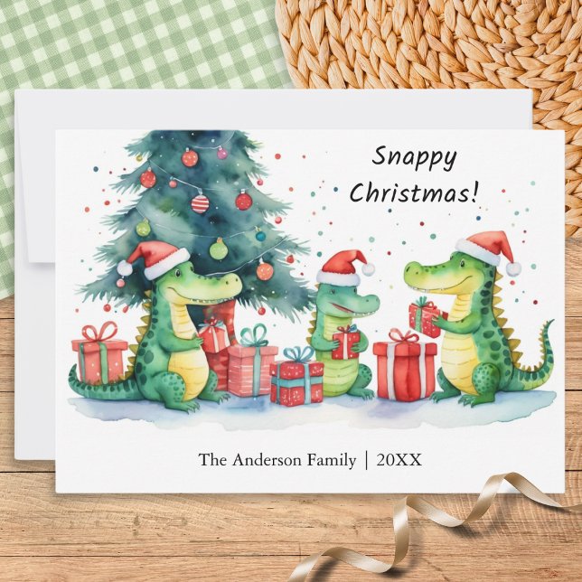 Rolig Excentrisk Alligatorfamilj Snappig Jul Julkort (A funny Christmas card featuring a family of alligators opening festive gifts, in a watercolor style)