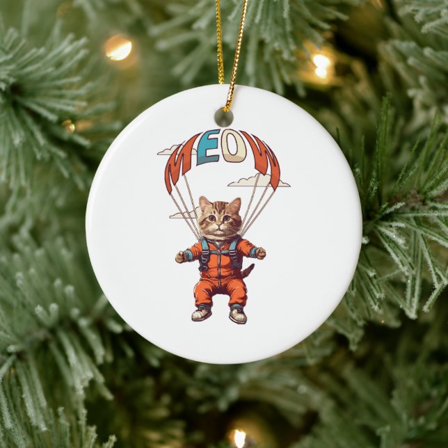 Rolig Fallskärmshoppande Katt Julgransprydnad Keramik (Träd)
