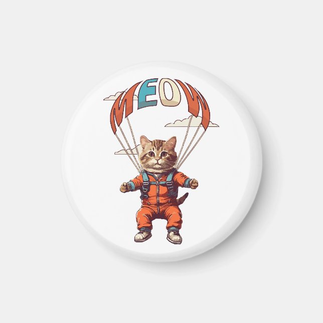 Rolig Fallskärmshoppande Katt Magnet (Framsidan)