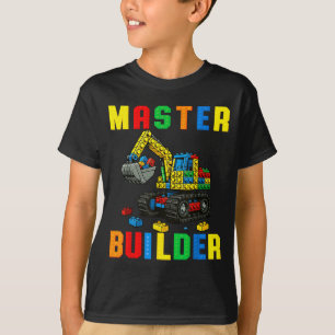 Rolig familj mästare byggare bygger tegelstenar bl t shirt