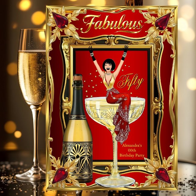 Rolig fantastisk födelsedagsfest Röd Guld Champagn Inbjudningar (Skapare uppladdad)