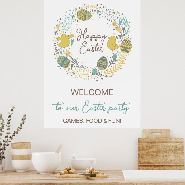 Rolig färgglad påskbrunch Äggjakt Välkomstskylt Poster (Kök)