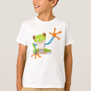 Rolig färgrik stor grön tecknadgroda som vinkar t shirt