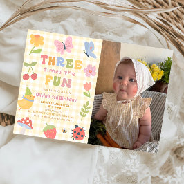 Rolig Färgstark Gingham Flicka 3-års Födelsedagsfo Inbjudningar