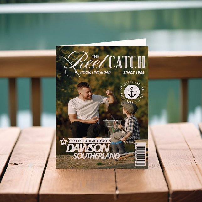 Rolig Fars dag Pappa Fiske Foto Magazin Omslag Kort (Fun Father's Day Dad Fishing Photo Magazine Cover Card)
