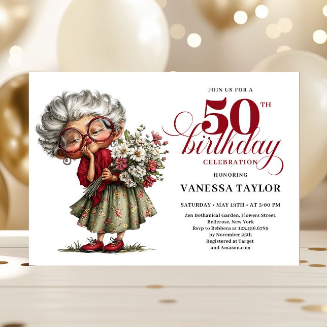 Rolig femtioårsfirande för damer med excentrisk fe inbjudningar (Hilarious fifty birthday lady quirky celebration)