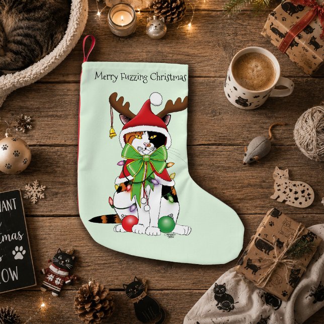 Rolig Festlig Grön Calico Julkat Liten Julstrumpa (Skapare uppladdad)