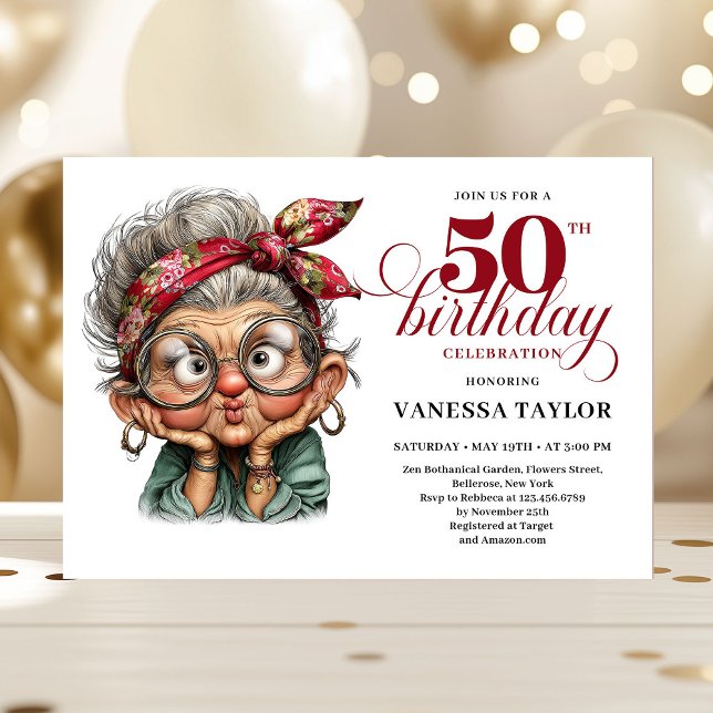 Rolig fet 50-årsdag kvinna fantasifull inbjudan (Fun bold 50th birthday woman whimsical invitation)