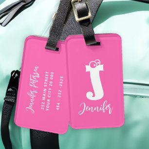 Rolig fet typsnittsmonogramnamnskrift rosa bagagebricka