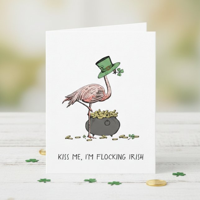 Rolig Flamingo Kyss mig, jag är irländsk St. Patri Kort (Funny Irish Flamingo Happy St Patrick's Day Cards. Kiss me I'm Flocking Irish Green Shamrock Pattern)